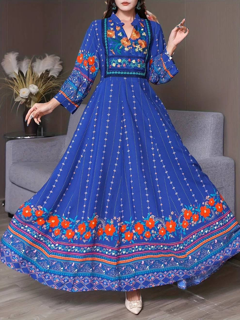 Women's Bohemian Ethnic Print Maxi Dress with Flowing Hem Size - S