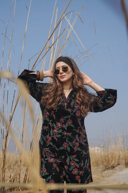 Black Printed Velvet Co-ord Set
