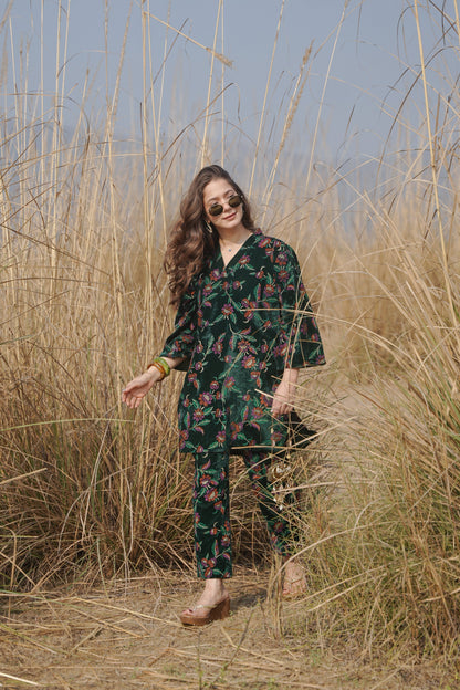 Bottle Green Printed Velvet Co-ord Set