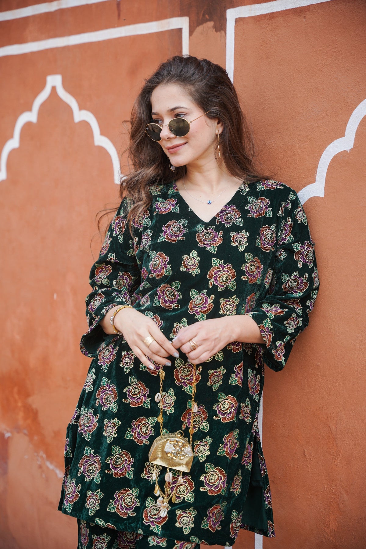 Green Foil Printed Velvet Co-ord Set