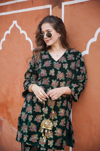 Green Foil Printed Velvet Co-ord Set