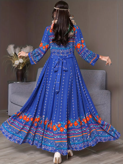 Women's Bohemian Ethnic Print Maxi Dress with Flowing Hem   Size - S