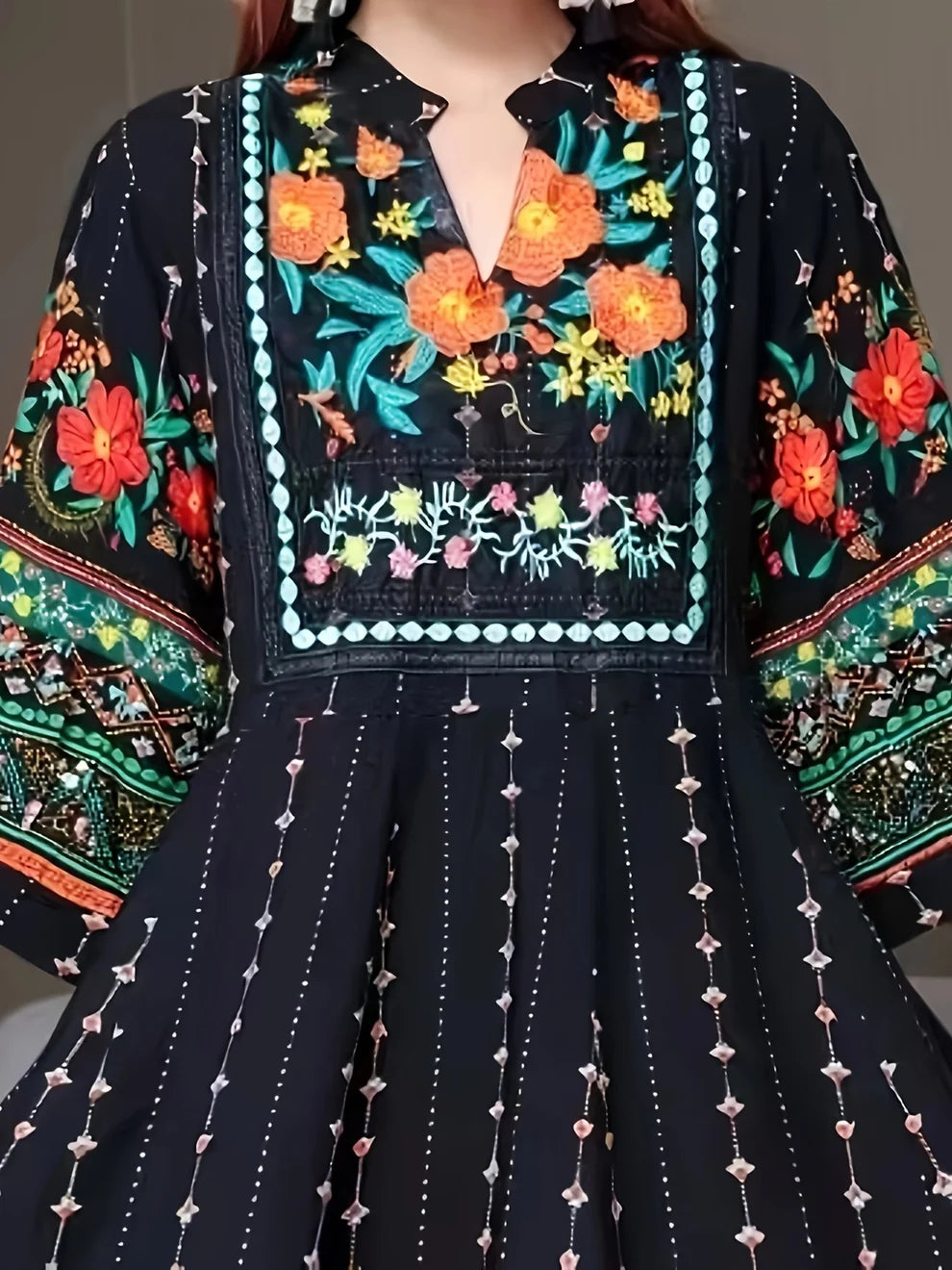 Women's Bohemian Ethnic Print Maxi Dress with Flowing Hem