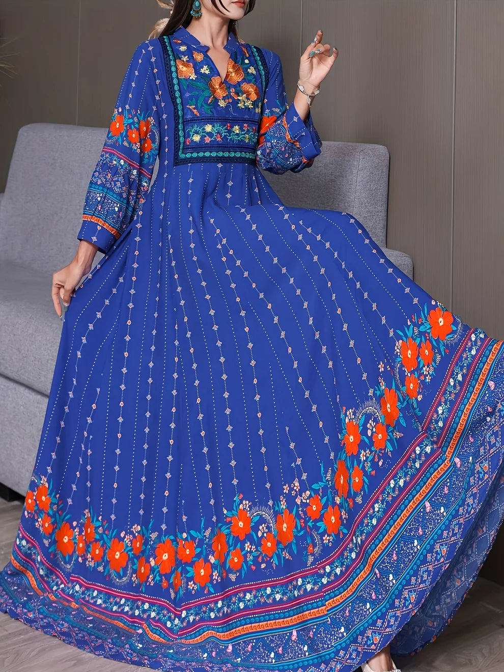 Women's Bohemian Ethnic Print Maxi Dress with Flowing Hem   Size - S