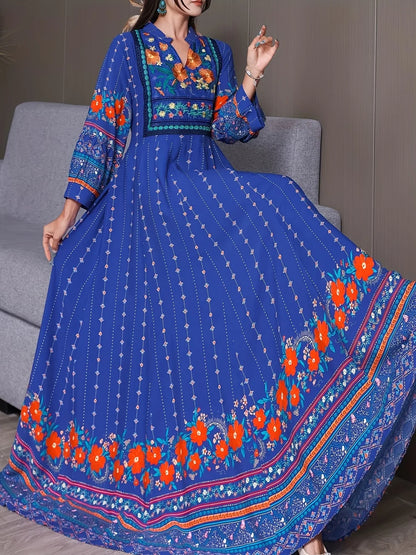 Women's Bohemian Ethnic Print Maxi Dress with Flowing Hem   Size - S