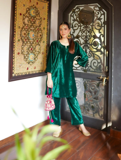 Bottle Green Velvet Co-ord Set