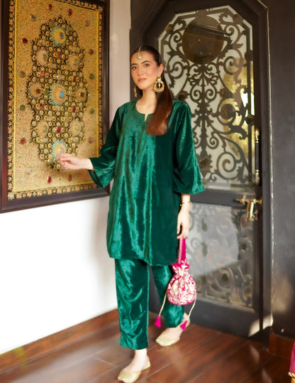Bottle Green Velvet Co-ord Set