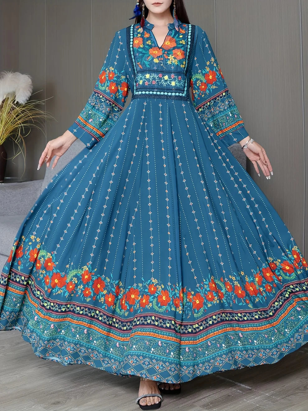 Women's Bohemian Ethnic Print Maxi Dress with Flowing Hem
