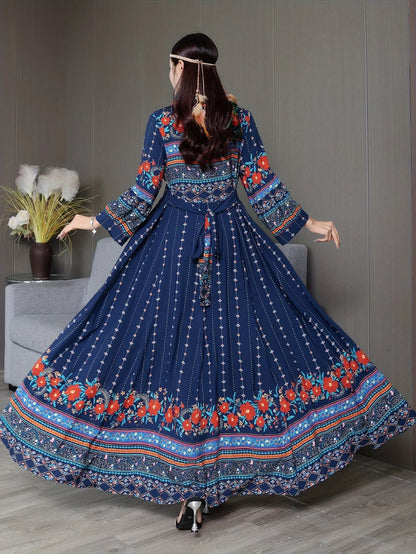 Women's Bohemian Ethnic Print Maxi Dress with Flowing Hem