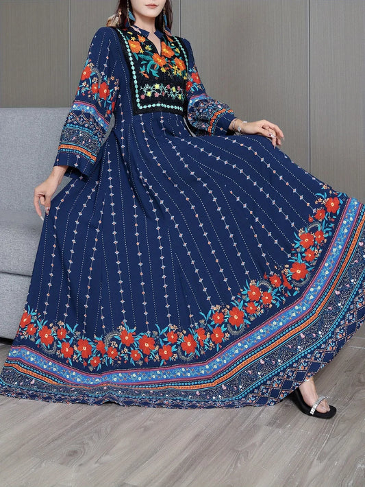 Women's Bohemian Ethnic Print Maxi Dress with Flowing Hem
