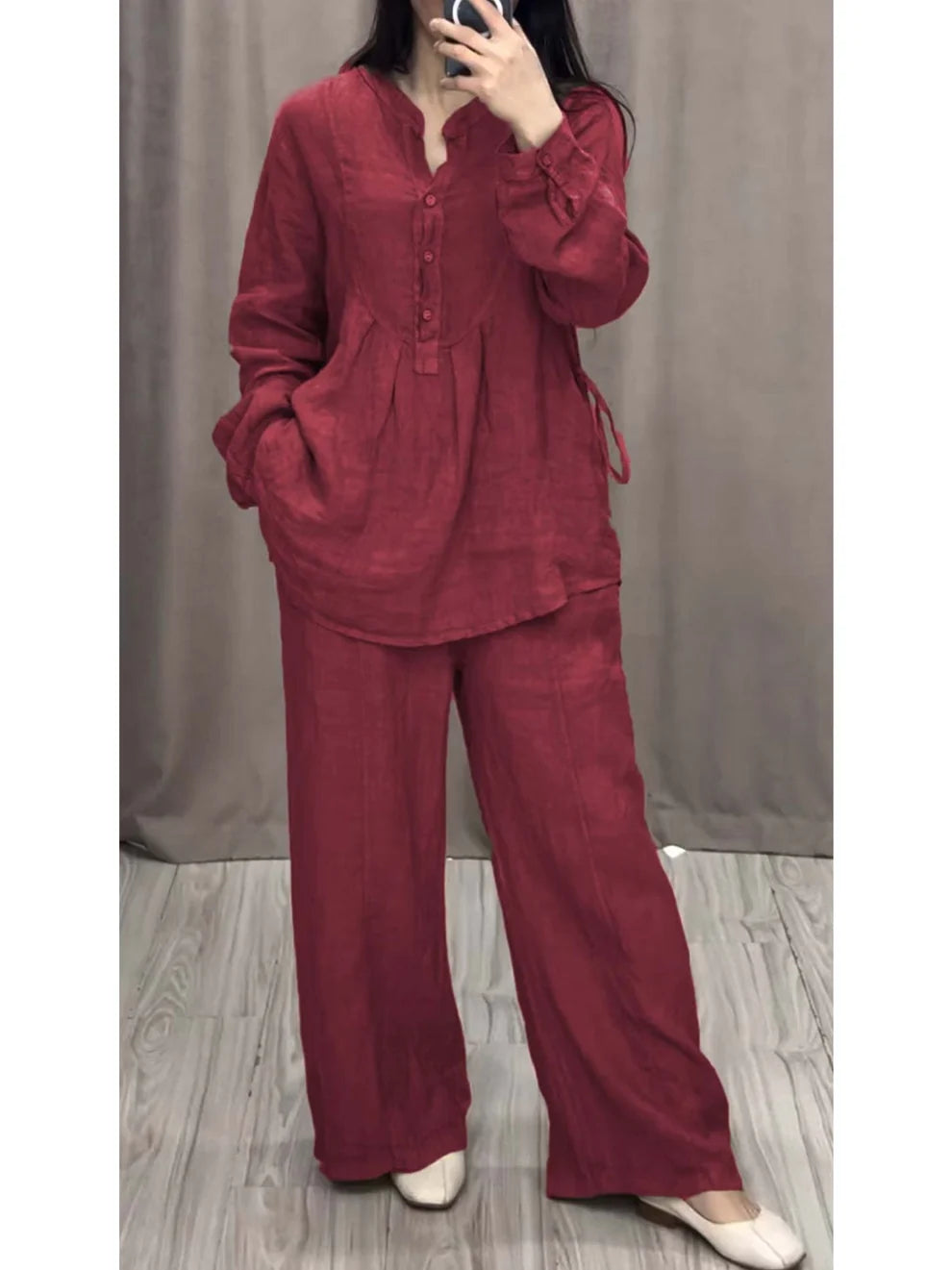 Women's Linen Blend Pleated Shirt & Wide-Leg Trouser Co-Ord Set   Size - S