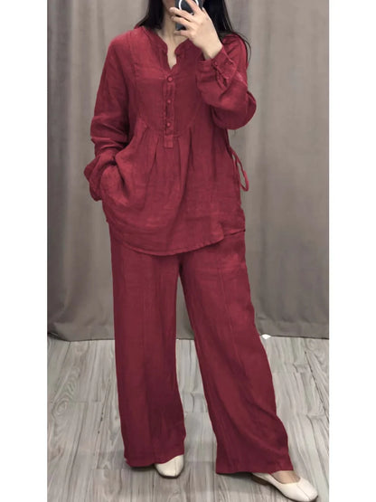 Women's Linen Blend Pleated Shirt & Wide-Leg Trouser Co-Ord Set   Size - S