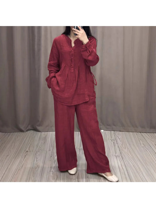 Women's Linen Blend Pleated Shirt & Wide-Leg Trouser Co-Ord Set   Size - S