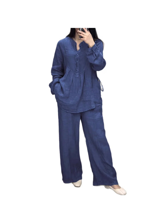 Women's Linen Blend Pleated Shirt & Wide-Leg Trouser Co-Ord Set