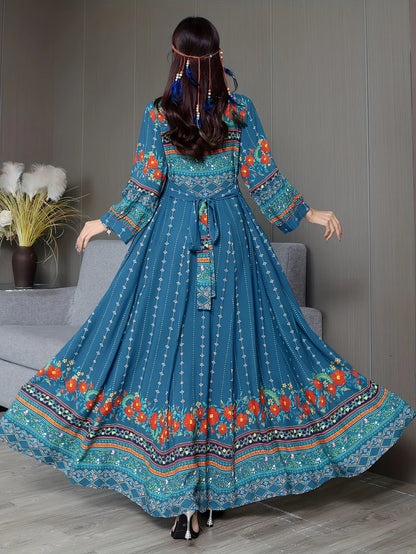 Women's Bohemian Ethnic Print Maxi Dress with Flowing Hem