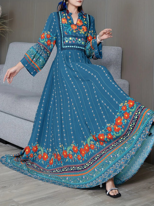 Women's Bohemian Ethnic Print Maxi Dress with Flowing Hem